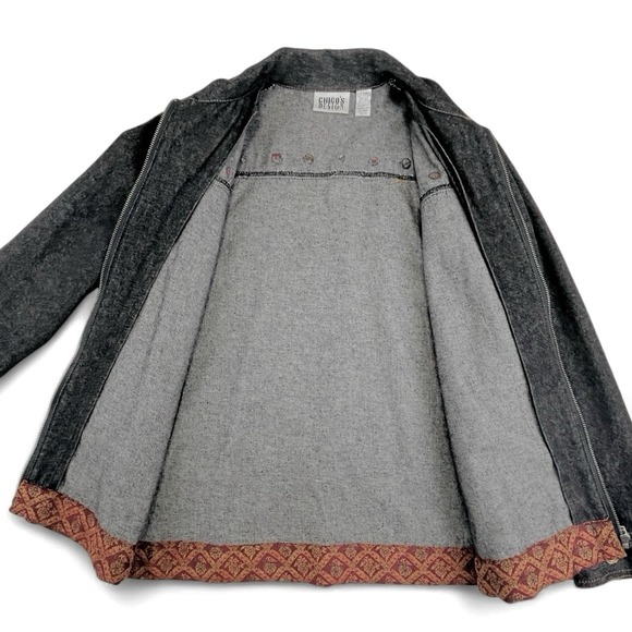 Chico's Denim Jean Jacket Womens‎ Sz 0 Small 4 Tapestry Black Burgundy Boho Wool - Picture 5 of 10